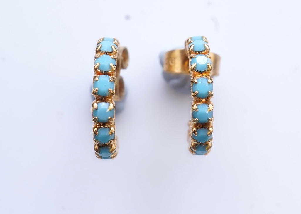 Eight pairs of earrings and pendant, comprising: a pair of onyx studs; a pair of emerald studs; a pair of sapphire and diamond drop earrings; a pair of opal drop earrings; a pair of garnet drop earrings; and a shell pend